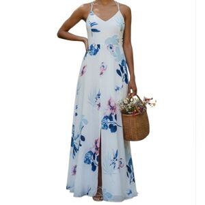 White Floral Maxi Dress Spaghetti Strap Halter Neck Criss Cross Back Slit